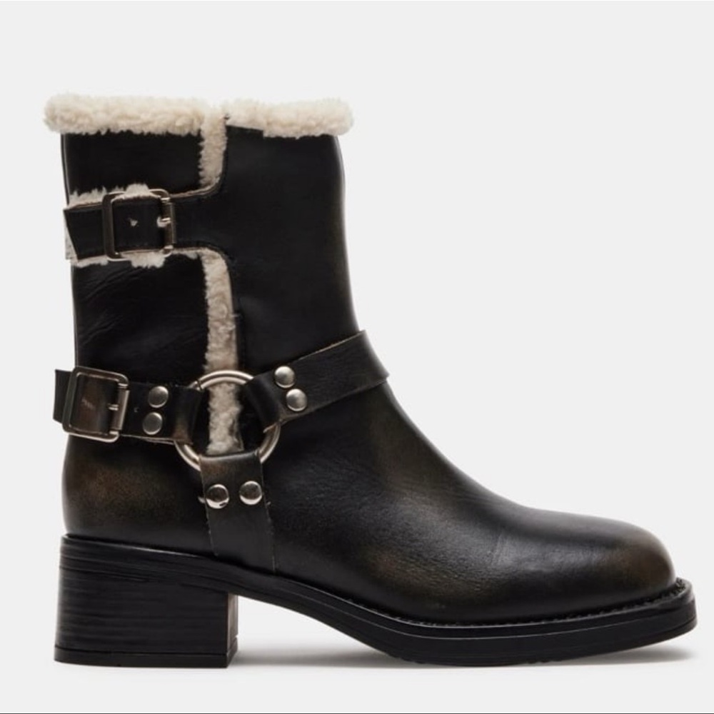 Women's Brixton Black Leather Ankle Boots with Shearling Lining